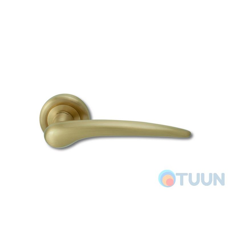 Linea Cali handle, Pin-up, on 103 round rosette, matte brass