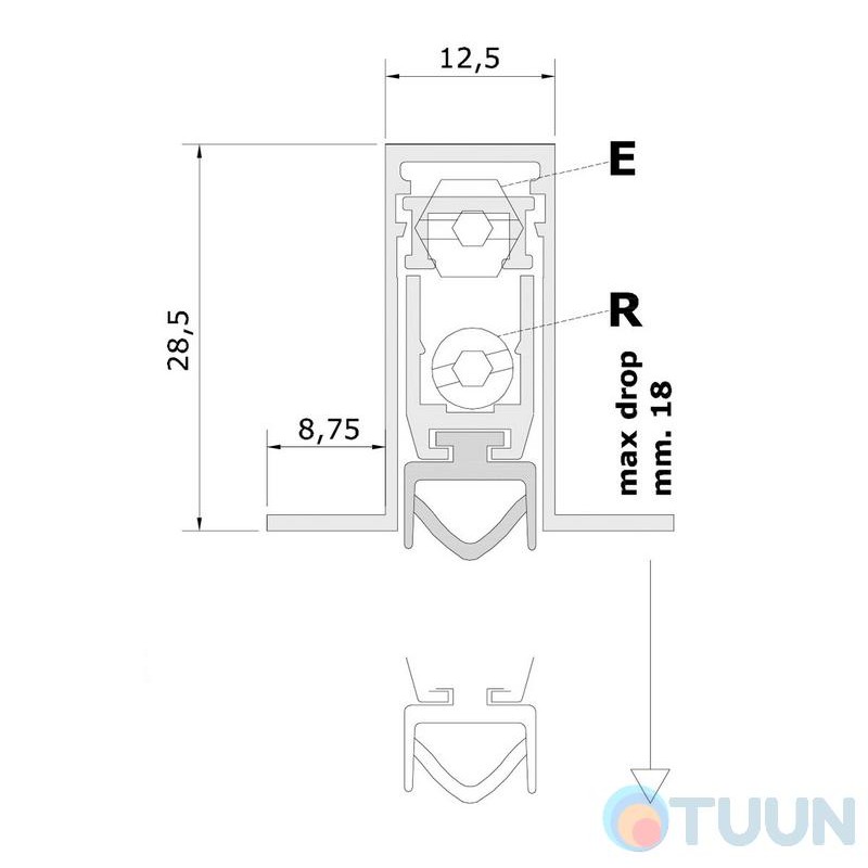 Aluminum threshold with rubber insert with clamp on the side of the box 83-73 cm 1800