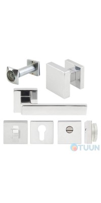 Quadra set for entrance doors (handle, knob, cylinder cover, upper/lower cover, armor cover, peephole) matt chrome