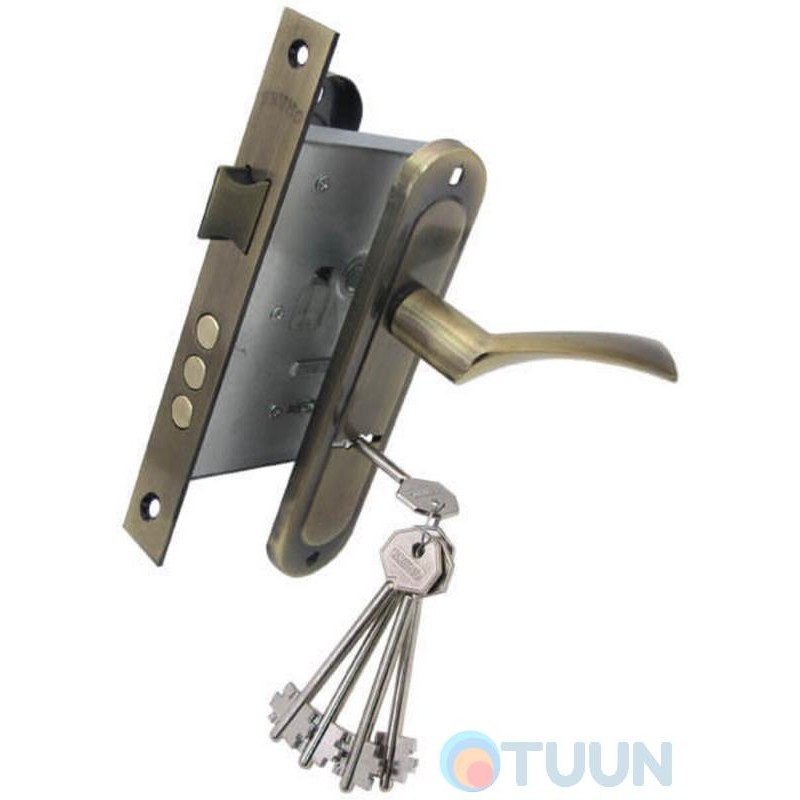 Комплект BRUNO 7055 (ручка на планке + сувальдный замок 969-55 + 5кл) ант латунь