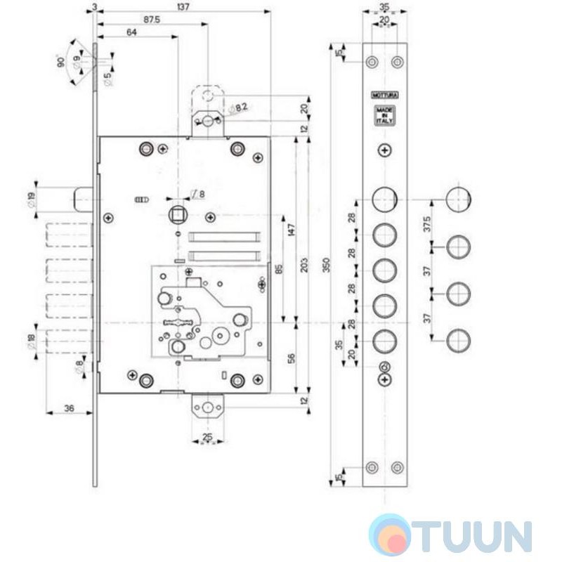 Mottura Art. 52J535G8B05DCWM 4-bar lock with safety catch, handle, right bar 6cm