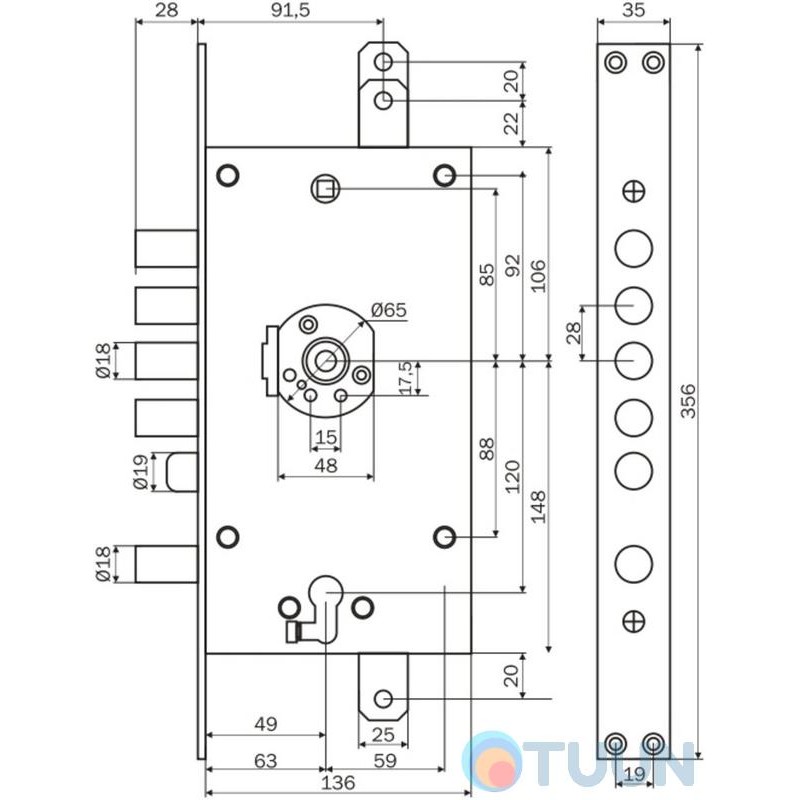 Mottura Art. 3D787R80005CS 4-bolt lock with deadbolt and additional lock for Euro cylinder right folding key