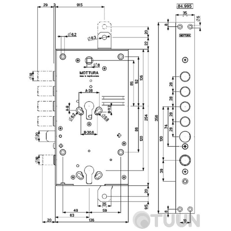 Mottura front door lock Art. 84995S28Q 5 bolts, with latch, left