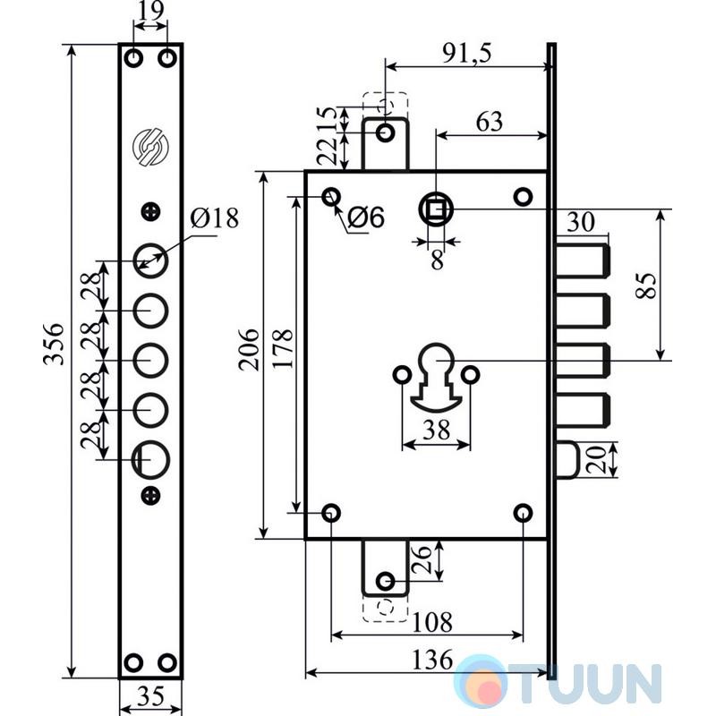 Securemme 2653LCR0328GXX Механизм замка 5-клуньь с защелкой под цилиндр мц 85мм, редукторный