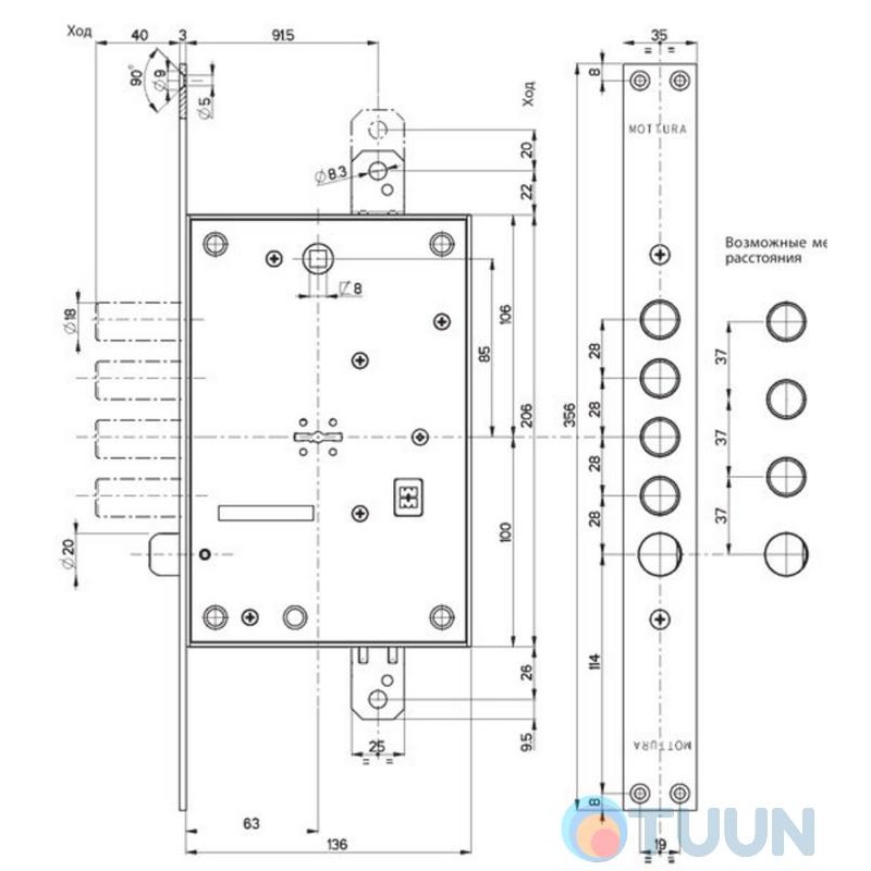 Mottura Art. 52771DM2856 (TSBM) 4-bolt lock with deadbolt, for pulls (without covers)
