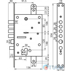 Mottura Art. 54797TBDR54 4-bolt lock with latch and additional lock for Euro cylinder