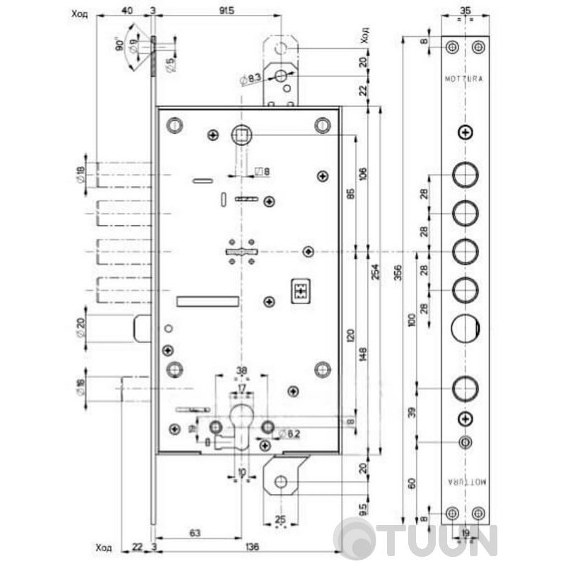 Mottura Art. 54797TBDR54 4-bolt lock with latch and additional lock for Euro cylinder