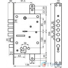 Mottura Art. 54797TBSR54 4-bolt lock with latch and additional lock for Euro cylinder