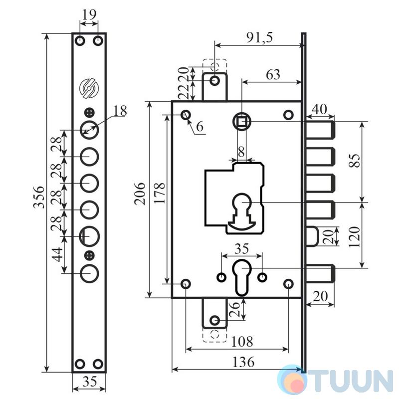 Securemme 2683SCR0328TT2] Механизм замка 5-риг. с защелкой двухцилиндровый мц 85мм, редукторный