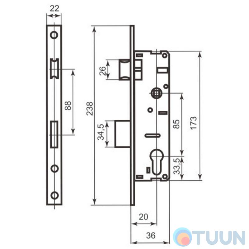 Narrow profile lock housing BRUNO 153 22-20 mts85 chrome
