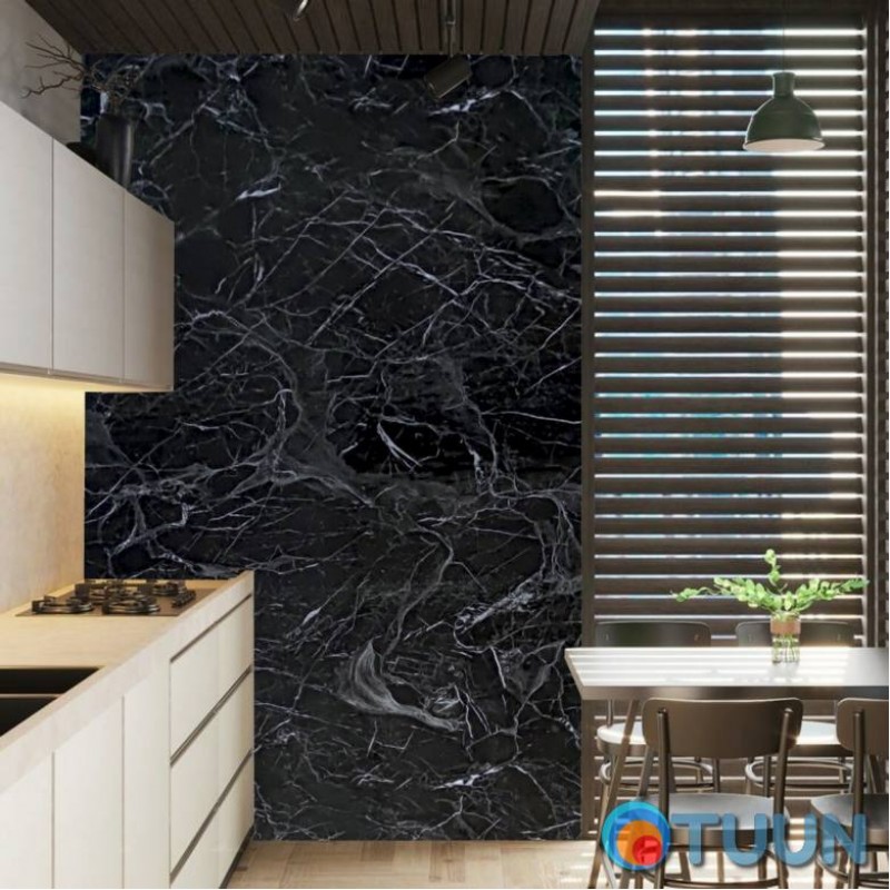 Self-adhesive vinyl tile in a roll black marble 3000x600x2mm Gloss SW-00001289